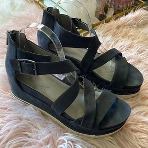 Eileen Fisher Blue Leather Sport Wedge Platform Sandals Sz 10